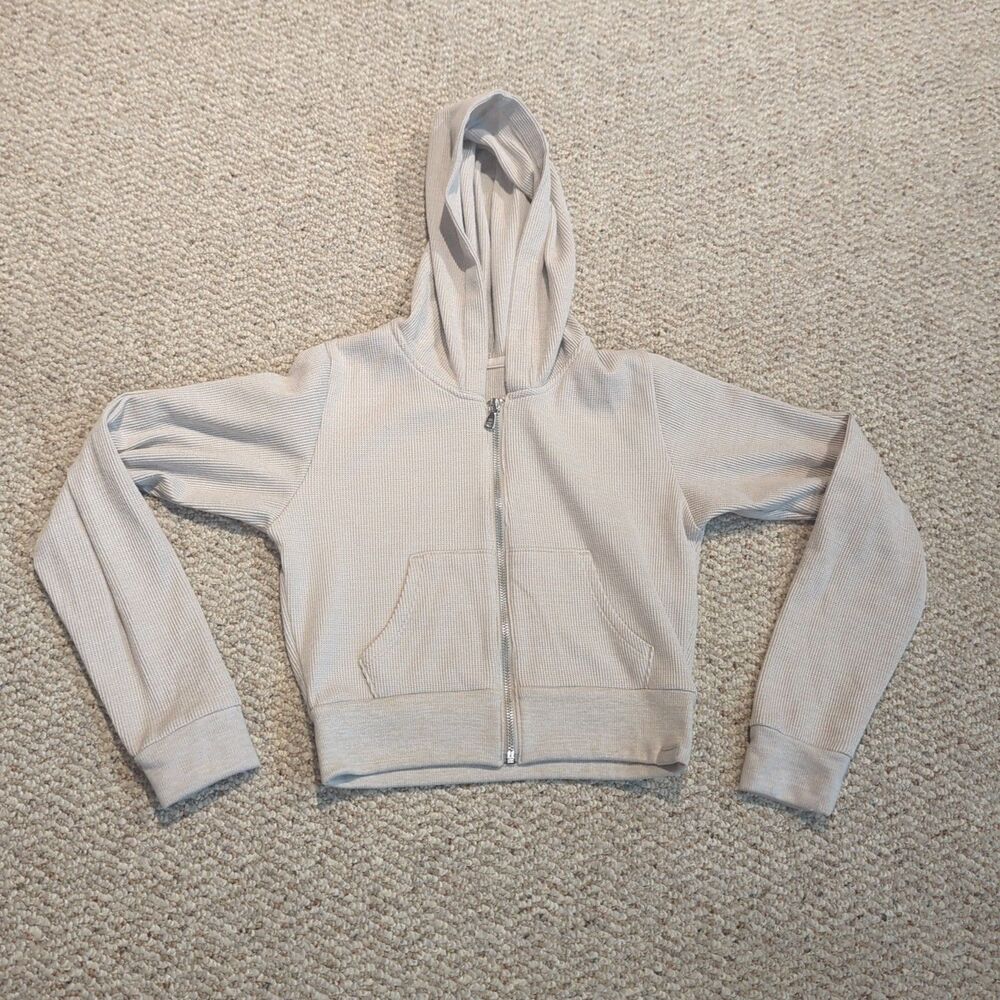 Gilly Hicks Cropped Hoodie Sweatshirt Womens XS Beige Thermal Full Zip